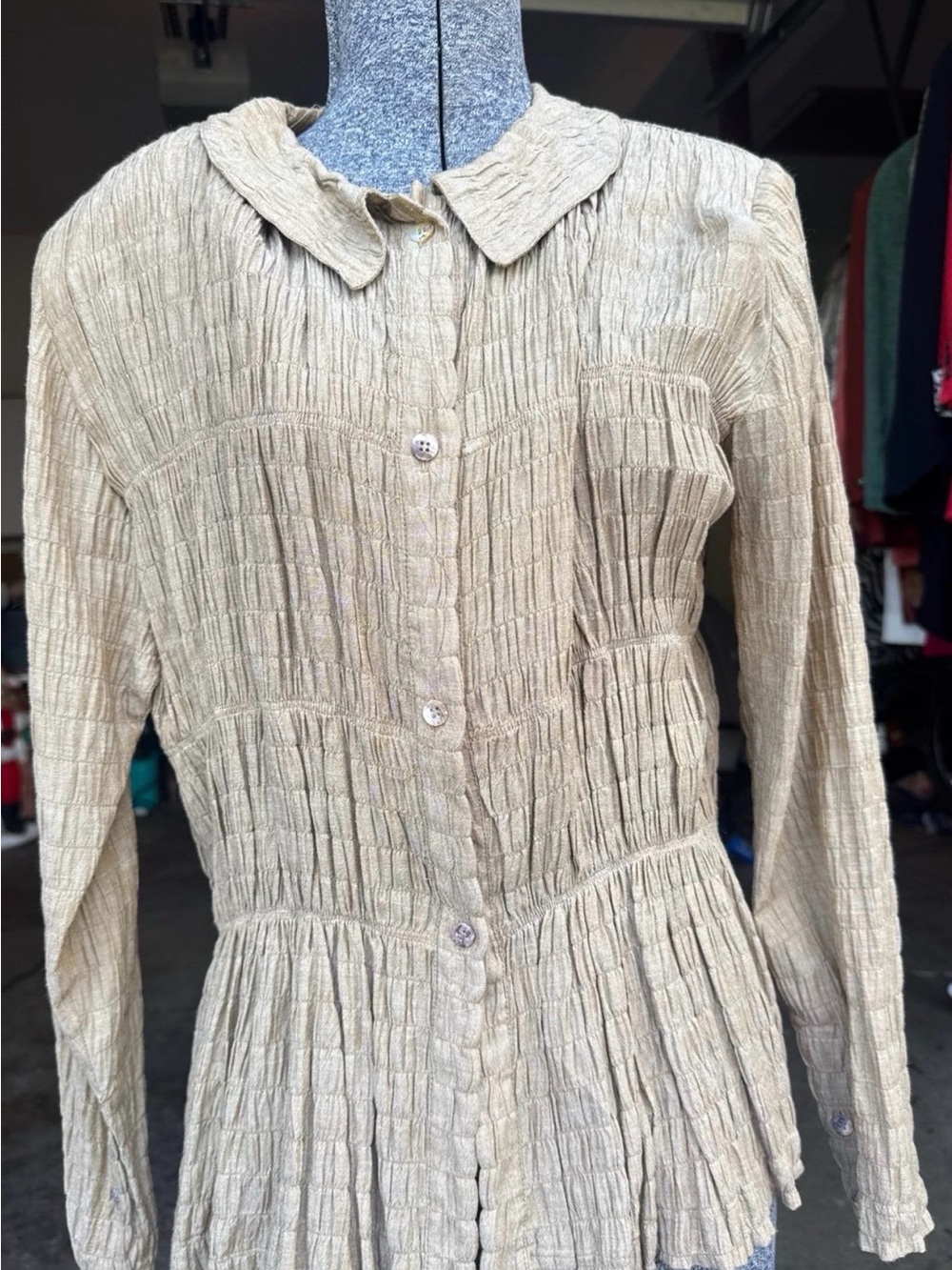 Leomax vintage Beige Textured Button-Front Women's Dress shirt and matching pant